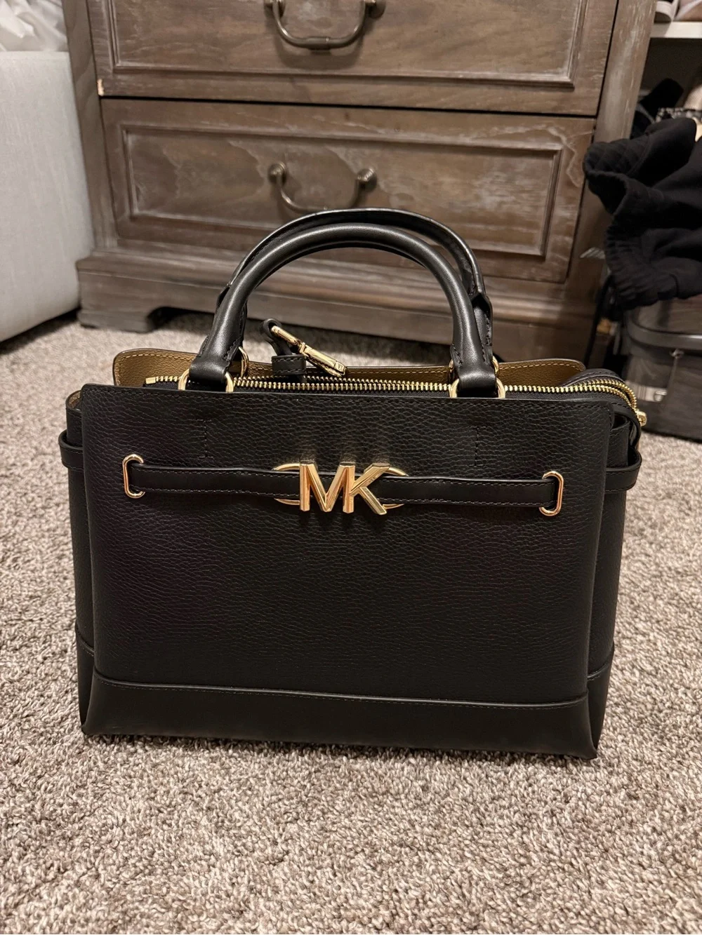 Michael Kors Black Leather Satchel with Gold MK Accent